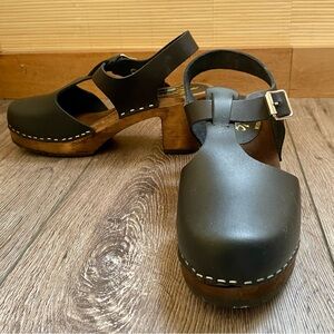 New without tags Lotta From Stockholm Black Leather Clogs with Wooden Sole